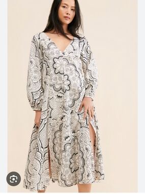 Anthropologie white dress Long Sleeve V-Neck Cotton Bohemian sz Large $180